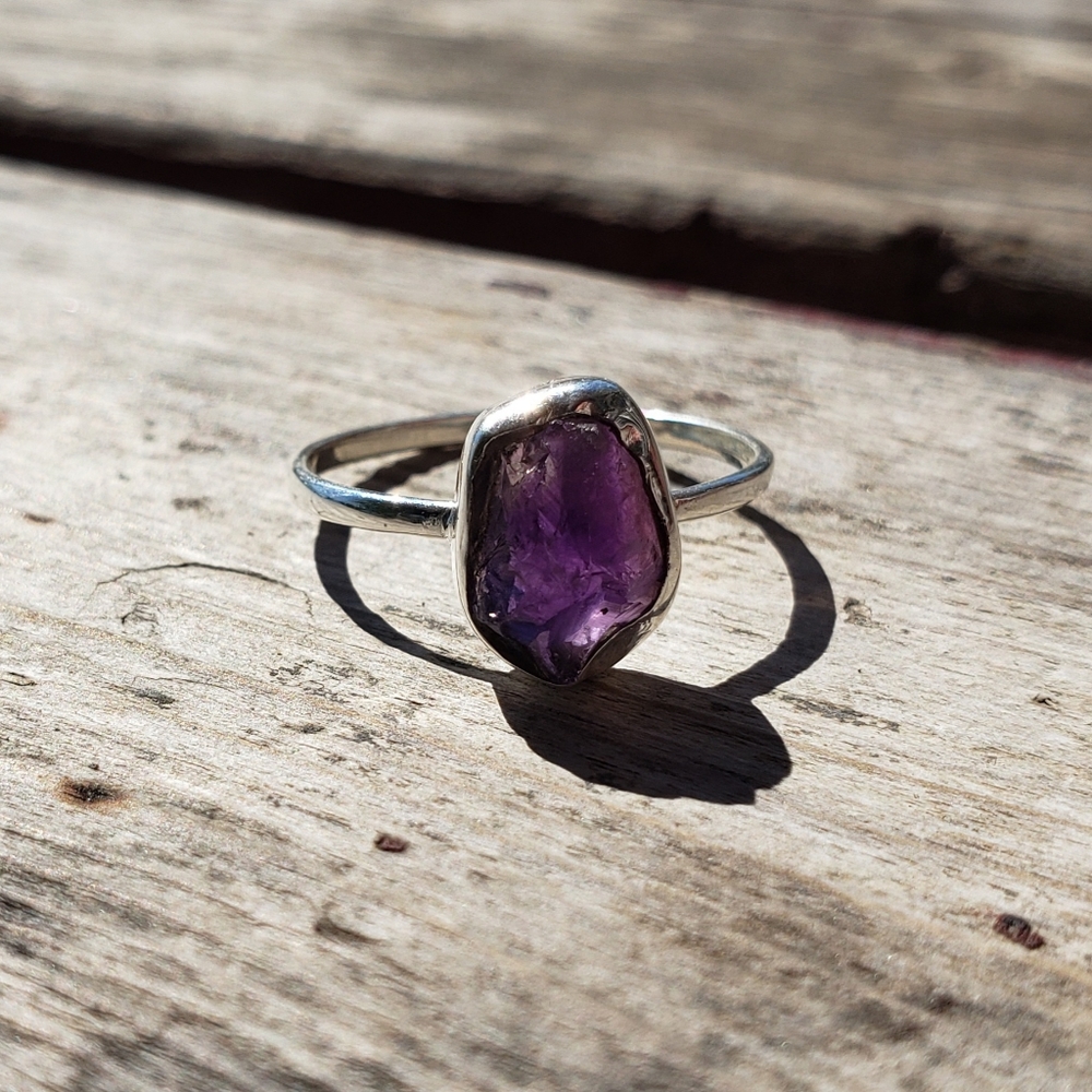 Rough Amethyst Natural Stone Ring - Solid 925 Sil… - image 7